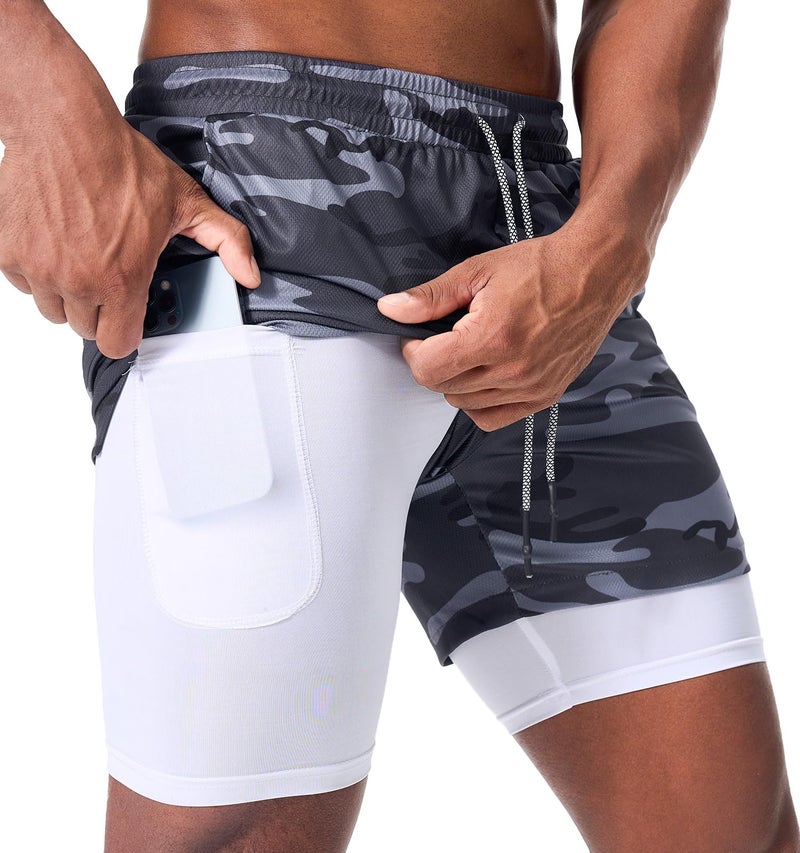 Surenow Men's Athletic Running Shorts Quick Dry Workout Shorts 2 in 1 Shorts 5" Gym Running Shorts for Men with Phone Pocket Camouflage Grey - Image 1